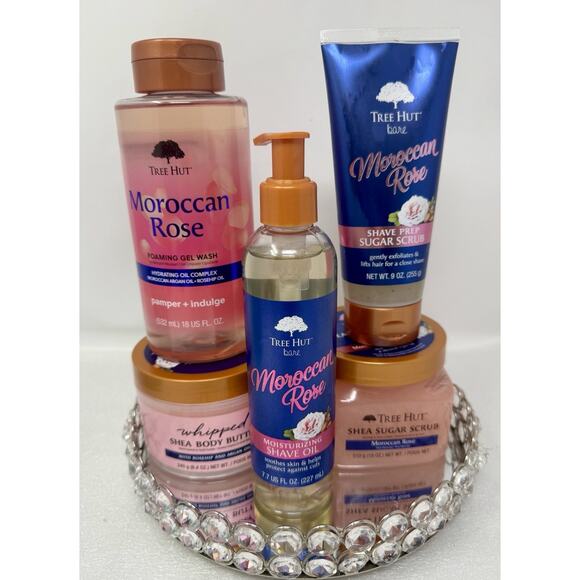 NEW (5) Tree Hut Moroccan Rose - Body Gel Scrub Butter & Shave Oil and Scrub